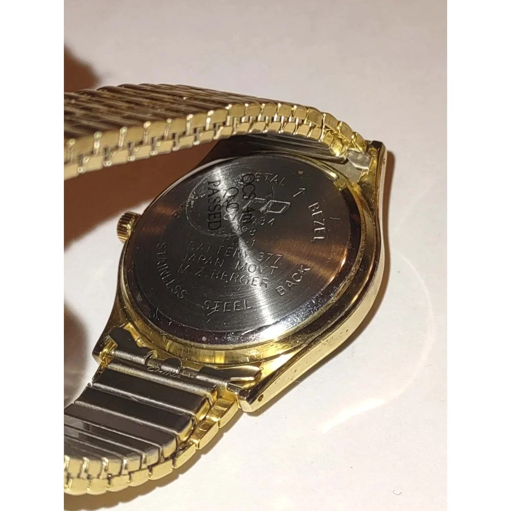 LTD Quartz Watch Gold Tone Black Dial Expansion Band M.Z. Berger BEZ114 WORKS